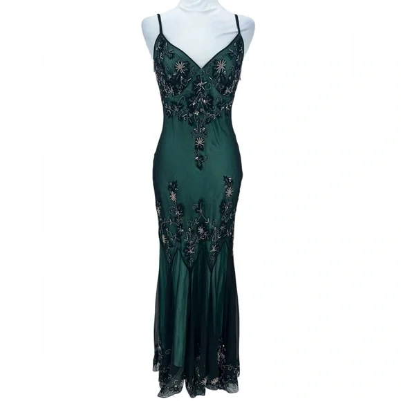 Adrianna Papell Dark Green Embellished Gown Silk Beaded Evening Gown Size 4 - Picture 3 of 16